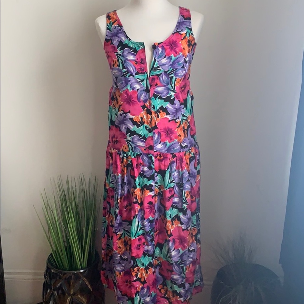 VINTAGE 80s 90s Pink Purple Tropical Floral Drop Waist Dress